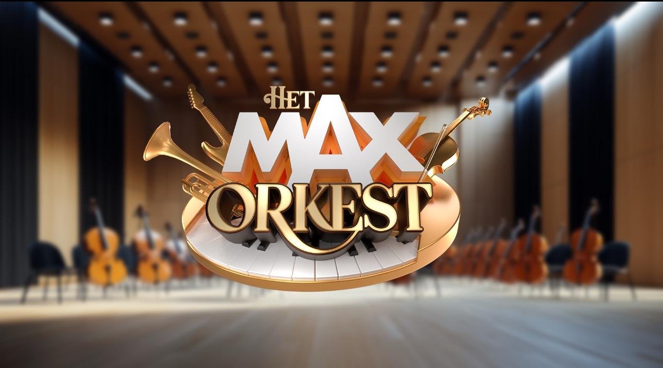 Titelkaart van Het MAX Orkest, met muziekinstrumenten en een pianotoetsenbord